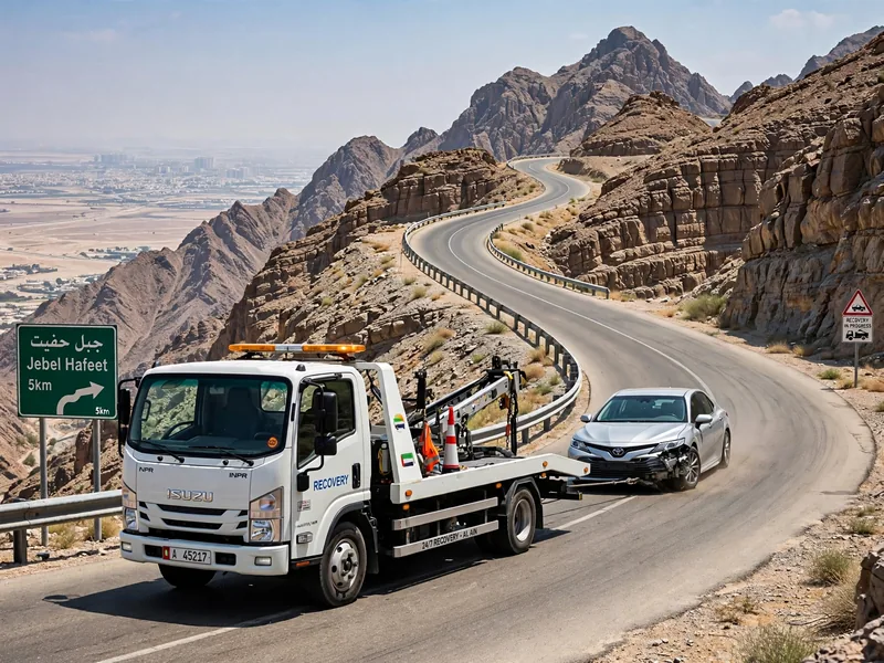 ونش يسحب سيارة على طريق جبل حفيت في العين